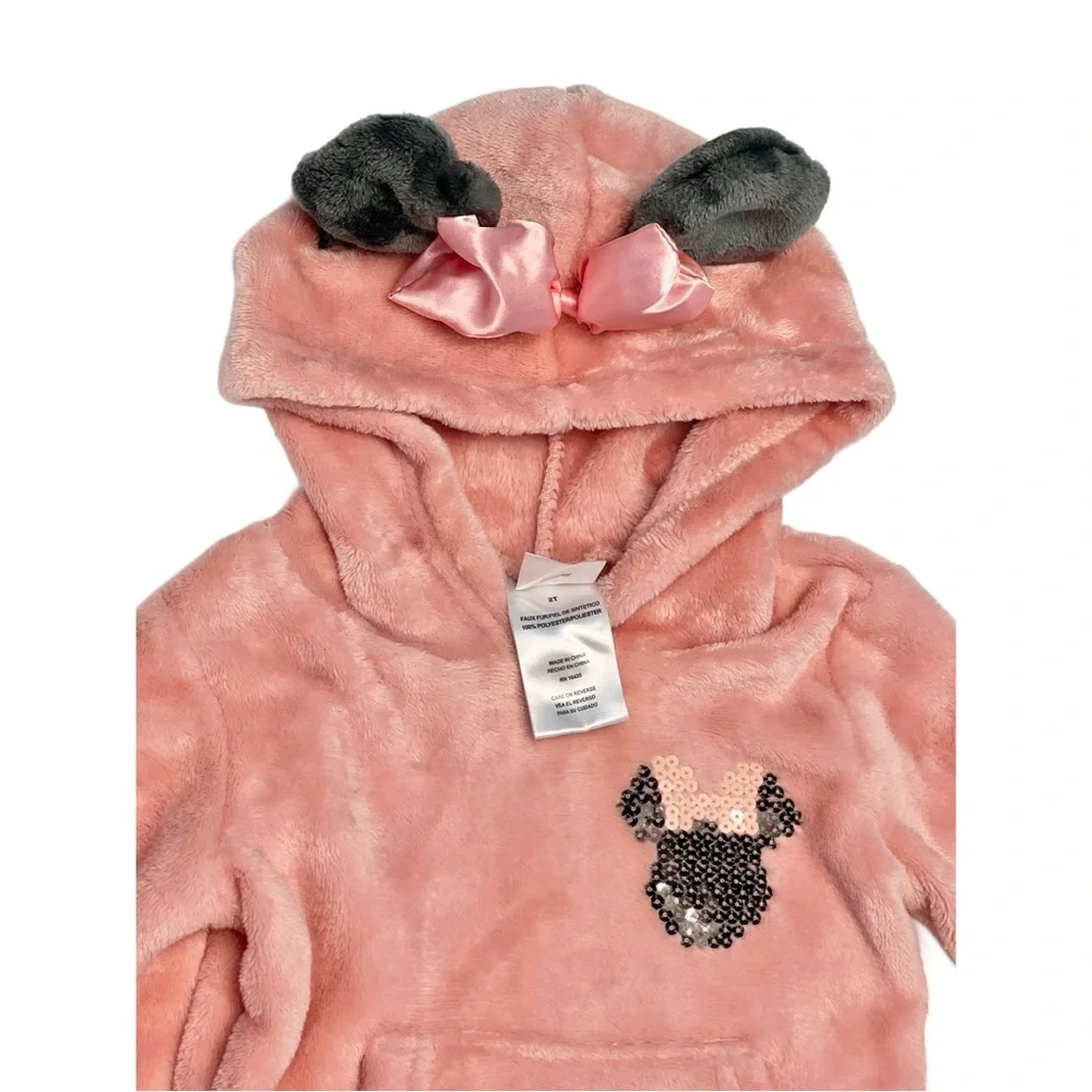 Disney Minnie Mouse Pink & Black Kids SOFT Fleece Faux Fur Hoodie | Girls 2T